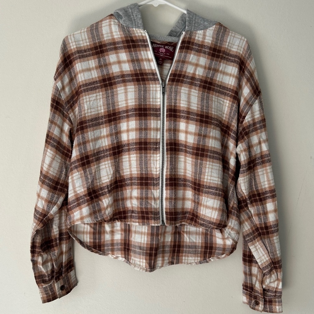 🌻Slouchy Zip Front Plaid Hooded Hippie Rose Shirt